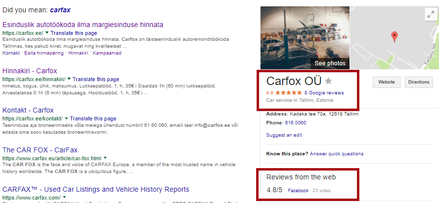 Google Reviews tulemus Carfoxi kohta